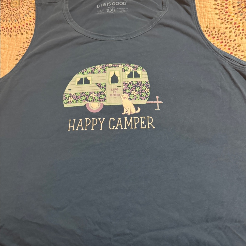 Dark teal Life is Good Happy Camper tank